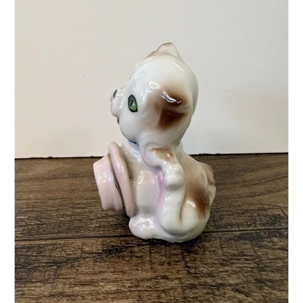 Vintage Spaniel Puppy Dog Holding Pink Hat 2.25